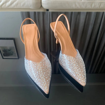 Women High Heels Pearl Decoration Slingback Pumps Pointed Toe High Heels