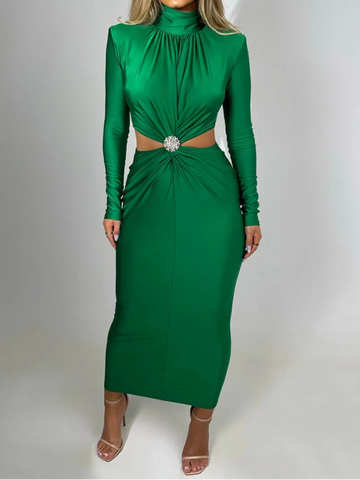 Elegant Hollow Out Sexy Maxi Dress For Women Turtleneck Long Sleeve Bodycon Dress