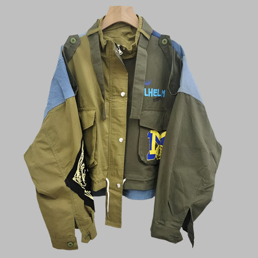 Retro Streetwear Green Cargo Pocket Denim Patchwork Jacket  Coat for Women Female