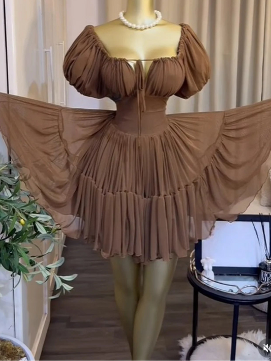 Women Off Shoulder Puff Sleeve Mini Dress Vintage Halter Cross Ruffle Dress
