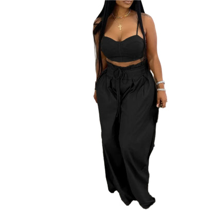 Sexy Zip Crop Camisole and High Waisted Drawstring Wide Leg Trousers 2 Piece Women Pants Suit Streetwear