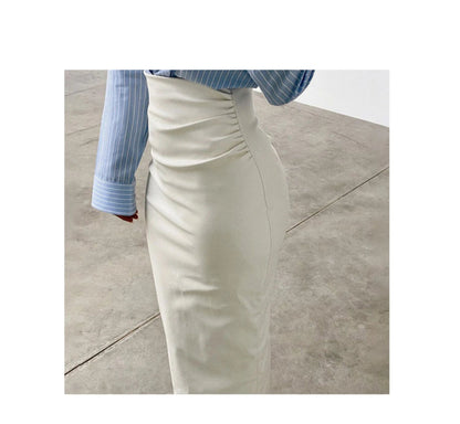 Elegant PU Leather Pencil Midi Skirts Women Slim High Waist Black Skirts