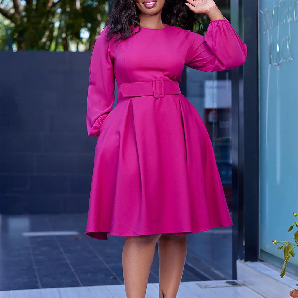 Elegant Office Dresses Women O Neck Full Sleeve Belt Waisted Pleated A Line Mid Calf Formal Female Business Work Wear Dress Midi