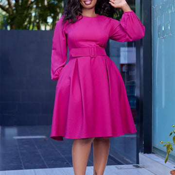 Elegant Office Dresses Women O Neck Full Sleeve Belt Waisted Pleated A Line Mid Calf Formal Female Business Work Wear Dress Midi