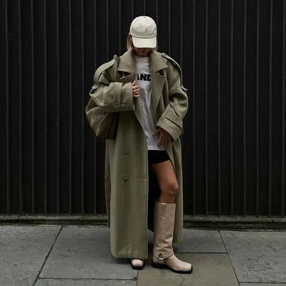 Urban Solid Double Breasted Long Women Coat Loose Full Sleeve Belt Double Breasted Jacket