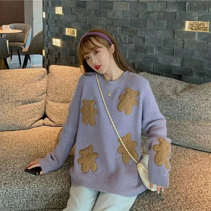 Sweet Cartoon Bear Sweater Women Cute Knitted Pullover Oversized Knitwear