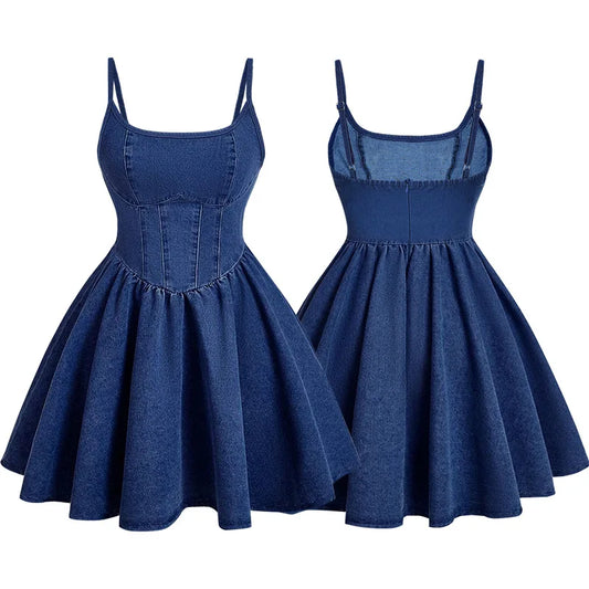 Women Denim Mini Dresses A Line Sling Stretchy Y2k Causal Denim Dress