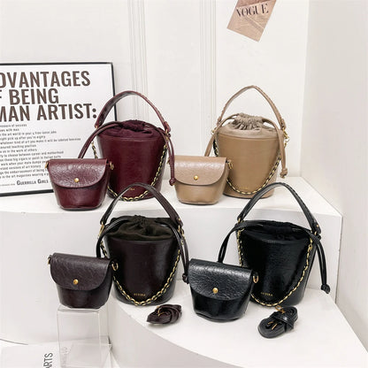 Retro Bucket Crossbody Bags For Women Oil-waxed Leather 2-IN-1 Chain Shoulder Bag