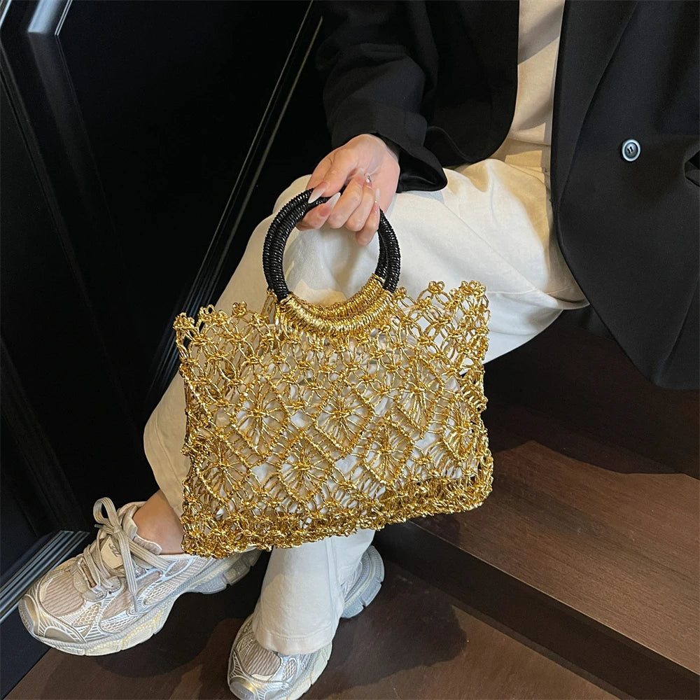 Handmade Woven Design Round Handle Handbags For Women