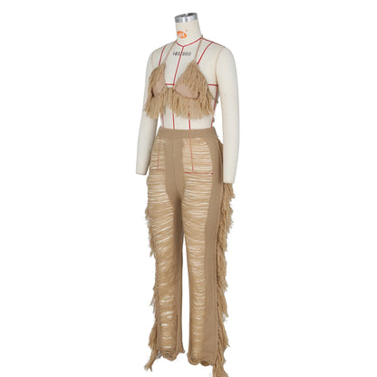 Tassel Knitted Pants Two Piece Set Resort Outfit Vacation Outfit Beach Cover Up