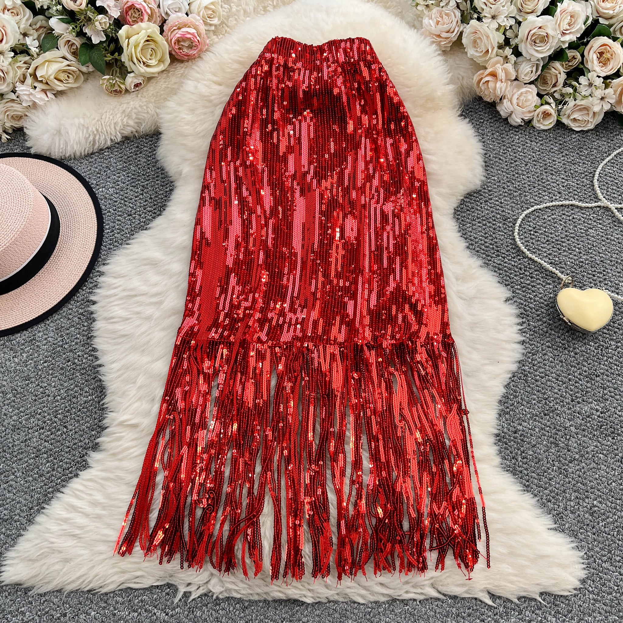 Women Chic Sequin tassel glitter Skirt High Waist Elegant Korean Fashion Skirt