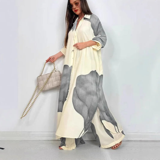 Elegant Lady Two Piece Set Printed Long Shirt Top + Wide Leg Pants 2-piece Oversized Sets