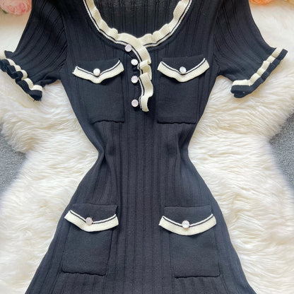 Chic Knitted Mini Dress Elegant Black Ruffled Party Dress
