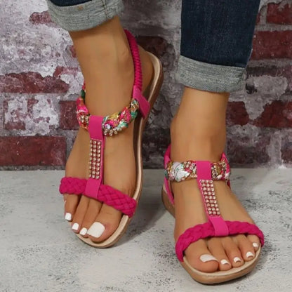 Flat Sandals for Women Rhinestone Elastic Back Strap Gladiator Sandals Woman Comfortable Non Slip Beach Shoes