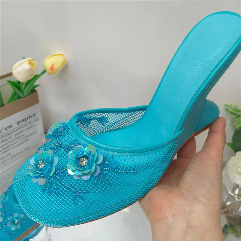 Women Summer Wedges Mesh Shoes Flower Round Toe Slip-On Hollow High Heeled sandals