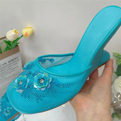 Women Summer Wedges Mesh Shoes Flower Round Toe Slip-On Hollow High Heeled sandals