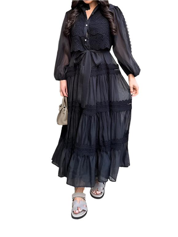 Long Sleeve Hollow Out Floral Dress Women Elegant Lapel Lantern Sleeves Maxi Dresses