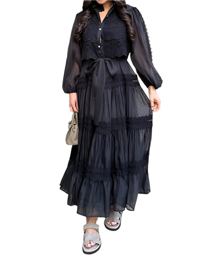 Long Sleeve Hollow Out Floral Dress Women Elegant Lapel Lantern Sleeves Maxi Dresses