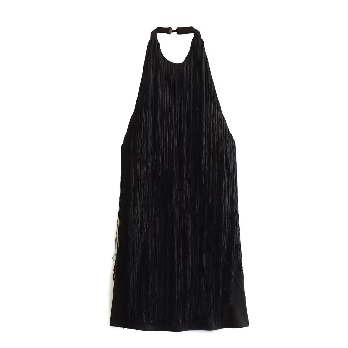 Women's Solid Color Hanging Neck Sling Backless Tassel Mini Dress