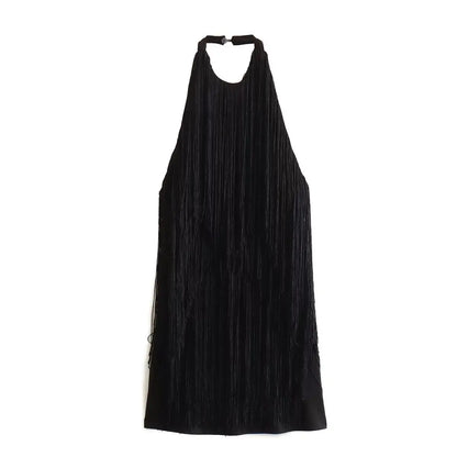 Women's Solid Color Hanging Neck Sling Backless Tassel Mini Dress