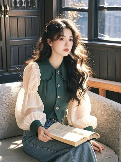Vintage Women's Blouses Korean Shirts  Loose Chiffon Patchwork Long Sleeve Ruffle Top