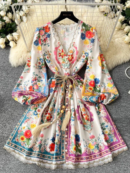 Elegant Vintage Luxury Evening Dress Women Print Sashes Button Short Party Dress Female Casual Holiday Clothing
