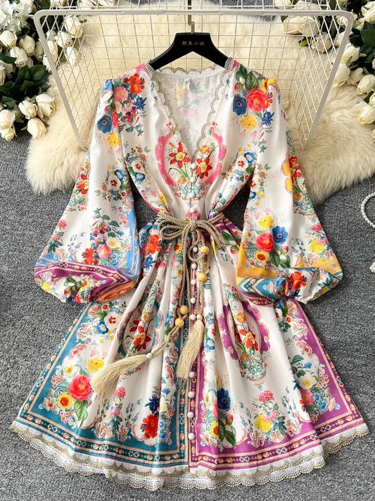 Elegant Vintage Luxury Evening Dress Women Print Sashes Button Short Party Dress Female Casual Holiday Clothing