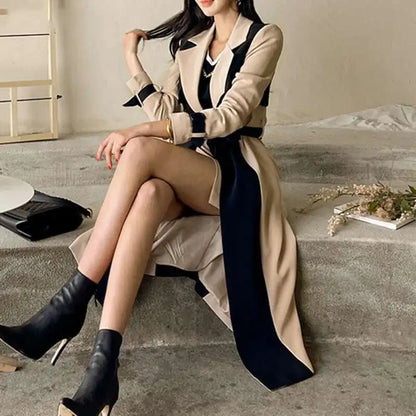 Contrast Full Sleeve Buttons Belted Women Long Trench Coats