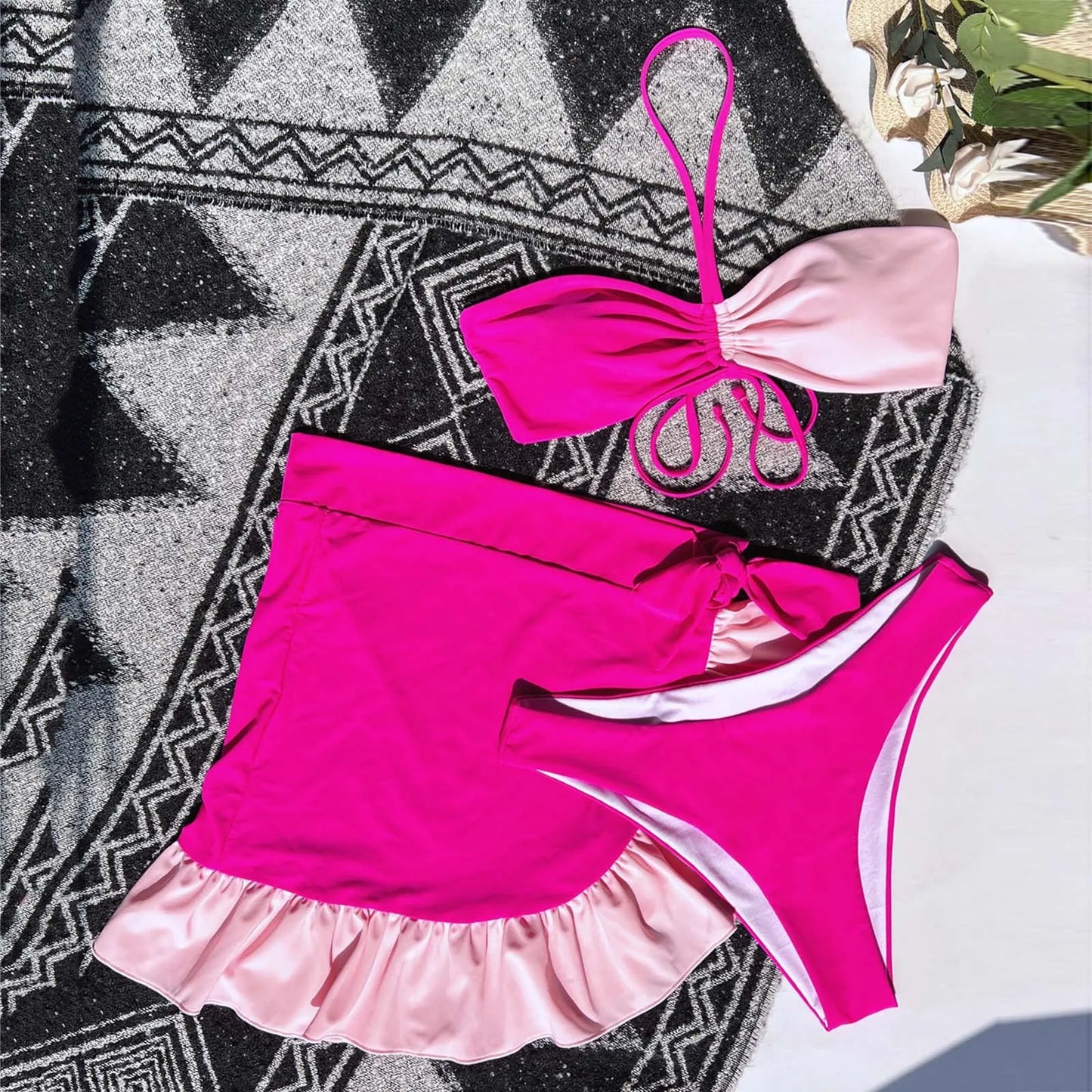 Hot Pink Patchwork Bikini Set 3 Piece Women Pleate Push Up Ruffles Skirt Swimsuit Bathing Suit High Waist Swimwear Beachwear