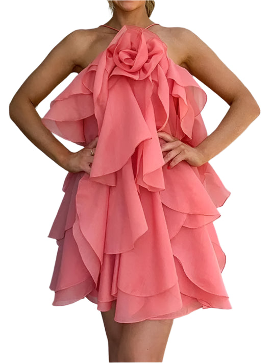 Chic Cascading Ruffles 3d Flower Short Mini Dress Halter Sleeveless Backless Party Dress