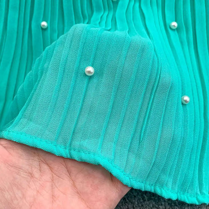 Summer Luxury Pearls Long Chiffon Dress For Women Loose Big Size Short Sleeve Crystal Birthday Evening Midi Pleated Dresses