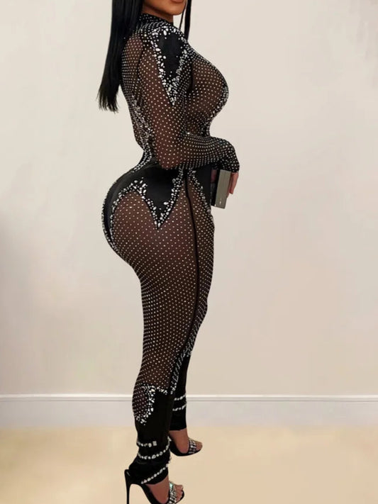 Sheer Mesh Crystal Jumpsuits Women Sheer Party Skinny One Pieces Rompers Birthday Outfits