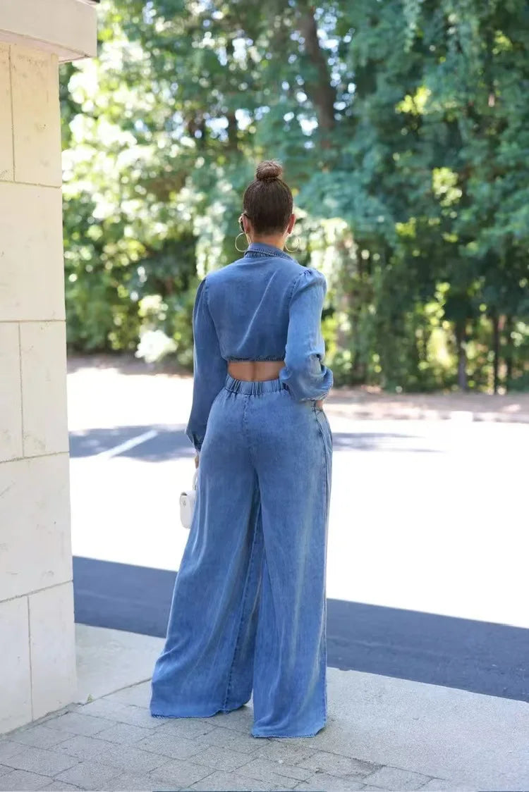 Denim Crop Top Tie Knot Shirt Cardigan + Wide Leg Loose Outfit Pants