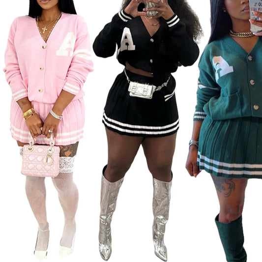 Knit Pleated Sweater Skirts 2 Two Piece Set Letter Button Cardigan With Matching Mini Skirt Sets