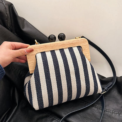 Retro Striped Wooden Clip Shell Bags for Women Messenger Bag Black and white