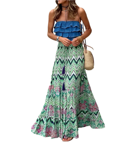 Bohemian Style Printed A-line Skirt Women Fashion Beach Vacation Loose Drawstring Ruffles Skirts Female  Summer New Streetwear