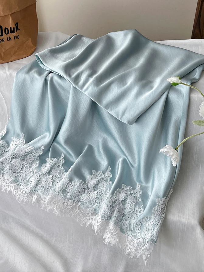Satin Skirt With Lace Trim Patchwork Pack Hip Long A-line Skirt