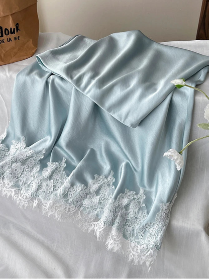 Satin Skirt With Lace Trim Patchwork Pack Hip Long A-line Skirt