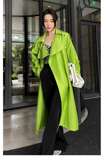 Luxury Long Oversized Bright Green Faux Leather Trench Coat for Women