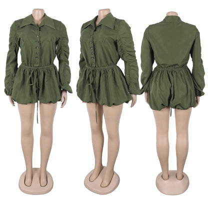 Elegant Ruched Drawstring Patchwork Rompers Woman Solid Color Lantern Sleeve Jumpsuits
