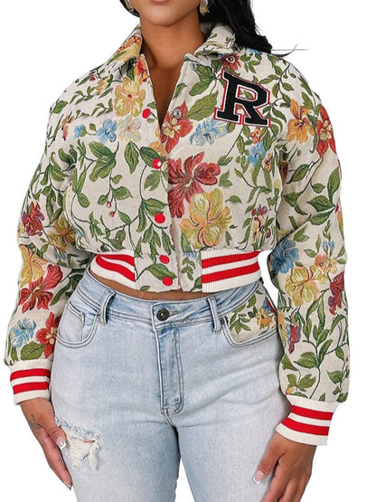 Flower Print Coat Crop Tops Women Lapel Long Sleeve Button Baseball Jacket