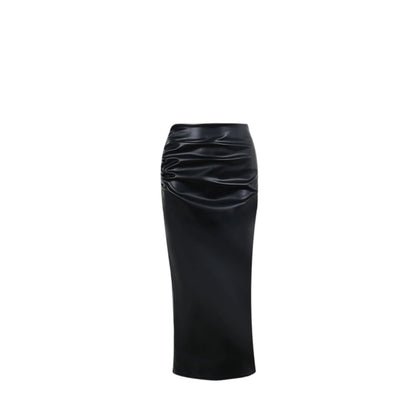 Elegant PU Leather Pencil Midi Skirts Women Slim High Waist Black Skirts