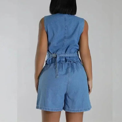 Summer V Neck Sleeveless Waistcoats Women Two Piece Sets Straight Denim Shorts Female Suits