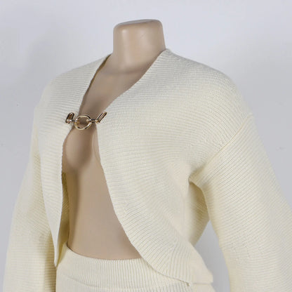 High Quality Elegant Knit Women 2 Piece Set Outfit Hollow Out Lantern Sleeve Crop Cardigan + Long Skirt Suit Streetwear