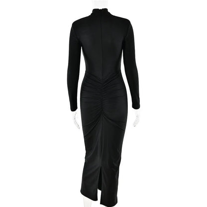 Hollow Out Long Sleeve Maxi Dress For Women Metal Buckle Bodycon Cocktail Dress