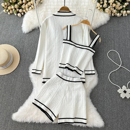 Women Three Piece Set V-neck Long Sleeve Buttons Up Cardigan + Shorts Set