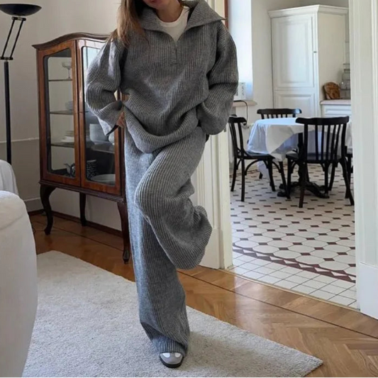 Women Pant Sets Knitted Top Plain Trouser Suit Casual Loose Pant Sets