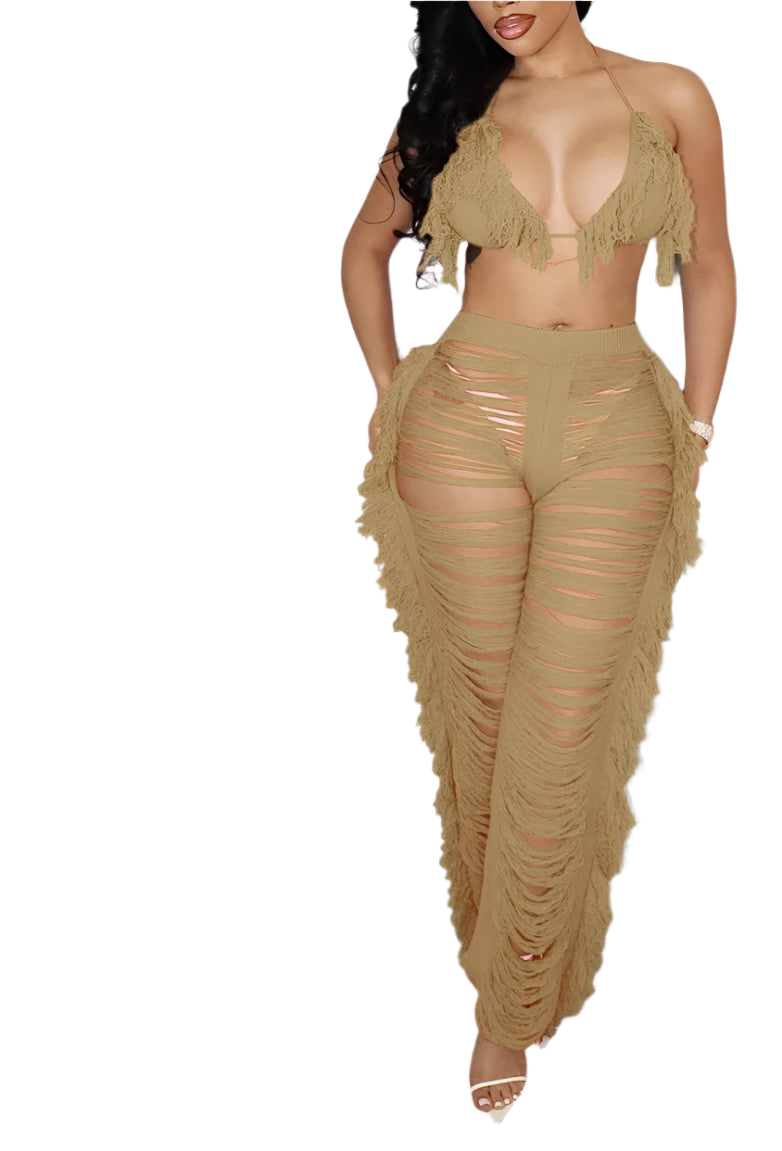 Tassel Knitted Pants Two Piece Set Resort Outfit Vacation Outfit Beach Cover Up