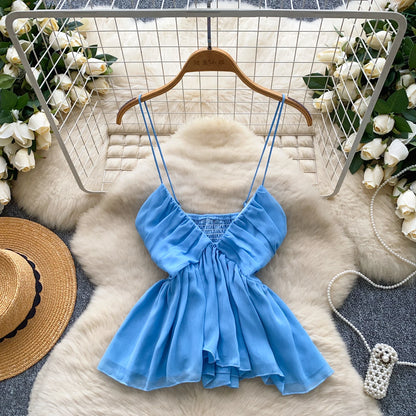 Chiffon Tops Straps Deep V Backless Top Ruffles Short Tank Top Vacation Style Sexy Tops