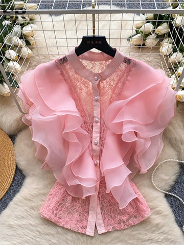 Ruffle Blouses Women French Style Single Breasted Lace Patchwork Shirt Summer Top